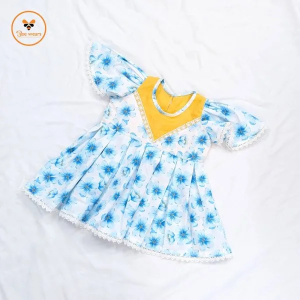 Sky-Blue Printed Cotton Baby Dress - Image 2
