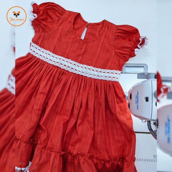 Bean Red Color Fancy Cotton Baby Dress - Image 2