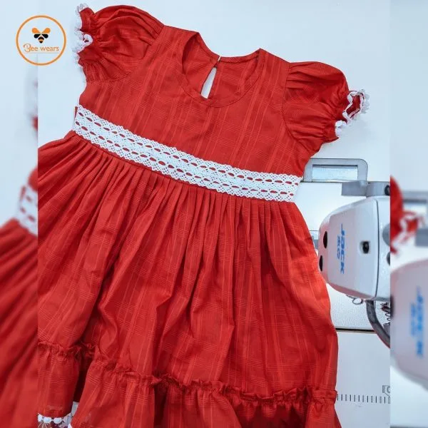 Bean Red Color Fancy Cotton Baby Dress - Image 2