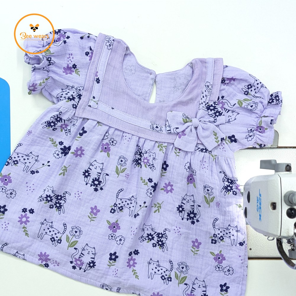 Lavender Cat Print Muslin Frock