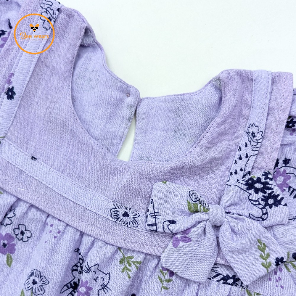 Lavender Cat Print Muslin Frock - Image 4