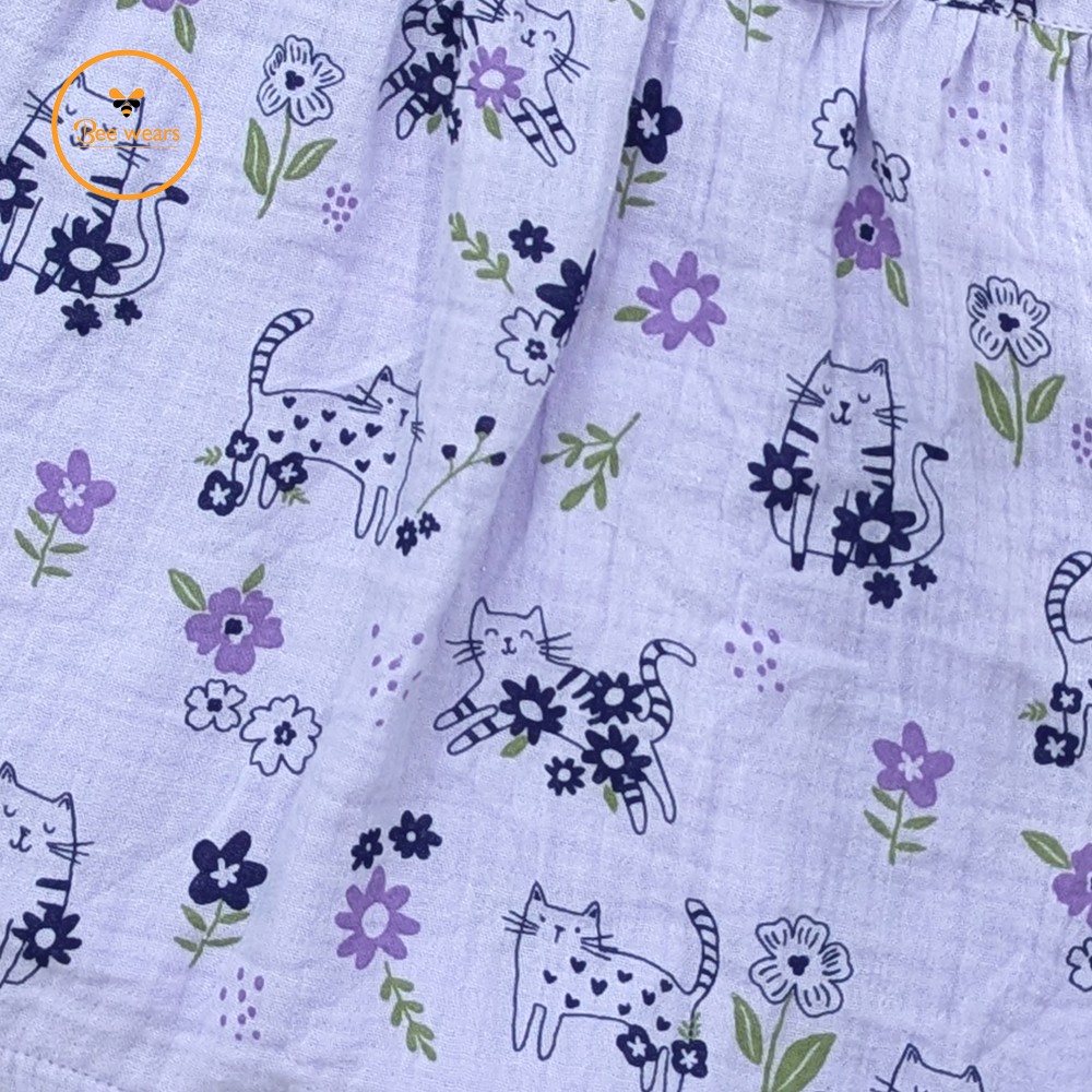 Lavender Cat Print Muslin Frock - Image 3