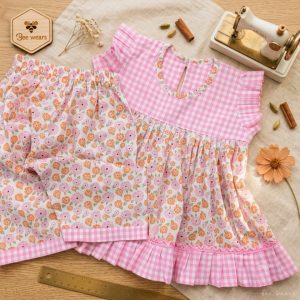 Pink Blossom Gingham Cotton Dress Set